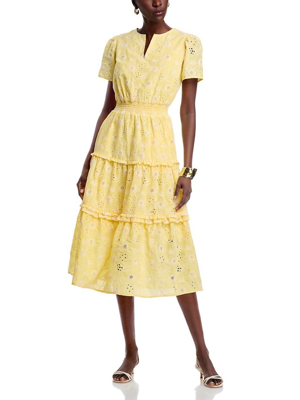 Tahari Yellow Eyelet Tiered Midi Dress Short Sleeve XS
